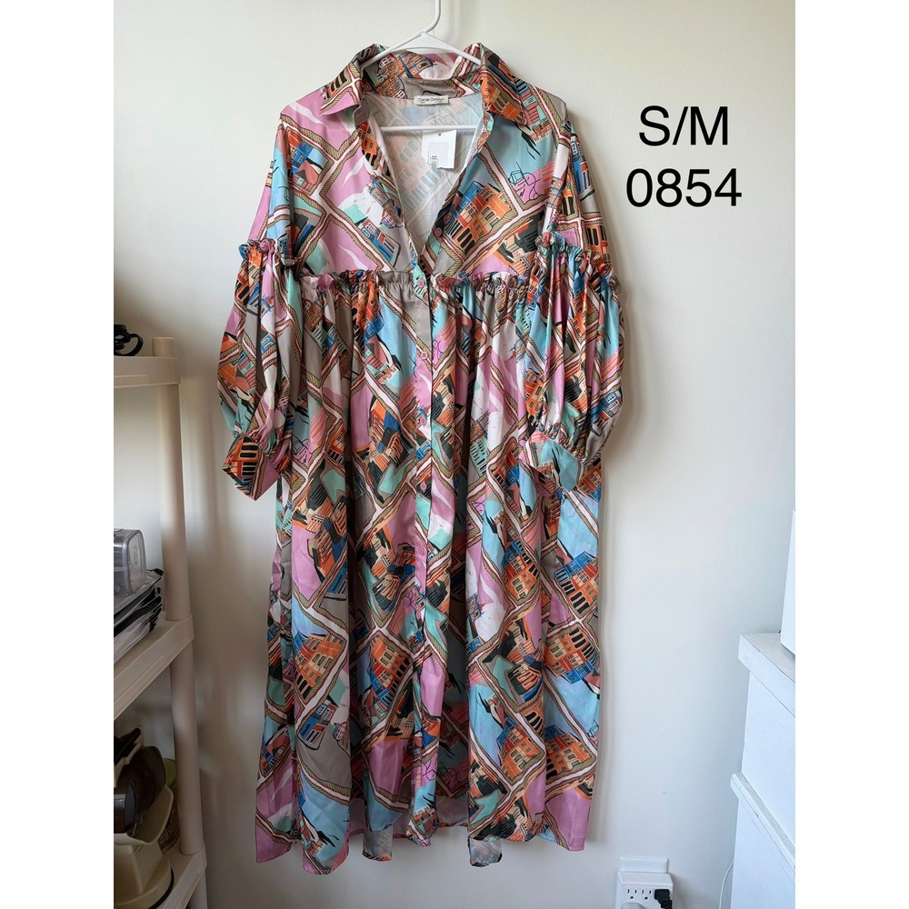 Carole Christian Cityscape Print Button Front Midi Dress Pink Orange Blue S/M